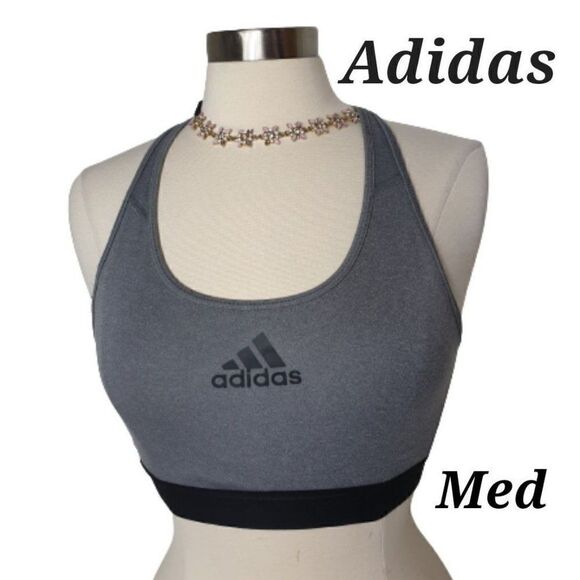Adidas Sports Bra Medium Don't Rest Alphaskin Mid Racerback Logo Grey Black - Picture 1 of 8